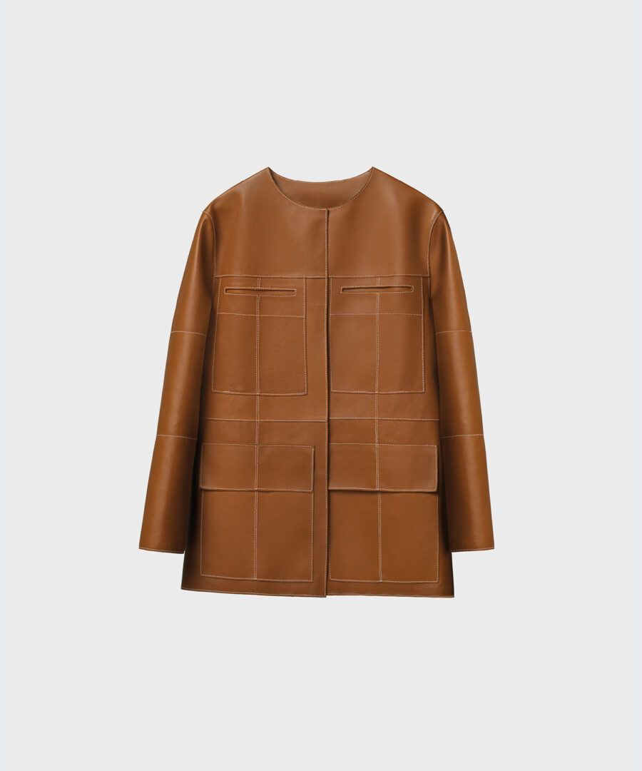 Collarless Belted Jacket in Tan Leather