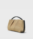 Maxi Pleated Clutch in Black Leather & Straw