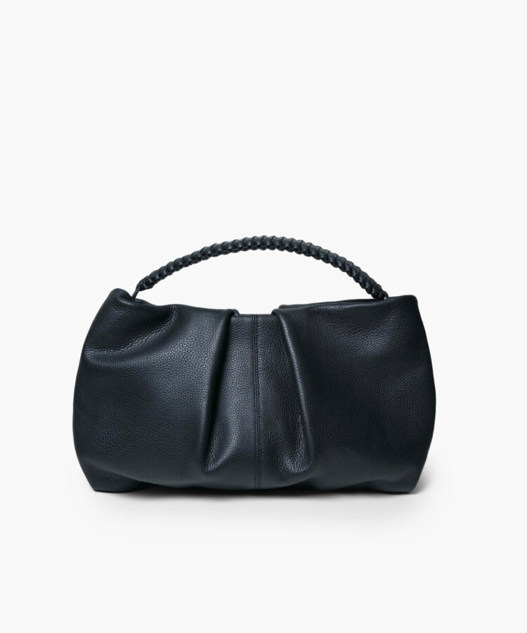 Maxi Pleated Clutch in Black Grained Leather