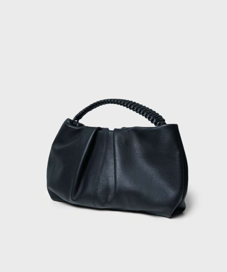 Maxi Pleated Clutch in Black Grained Leather