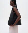 Slim M Stitch Tote in Black Grained Leather