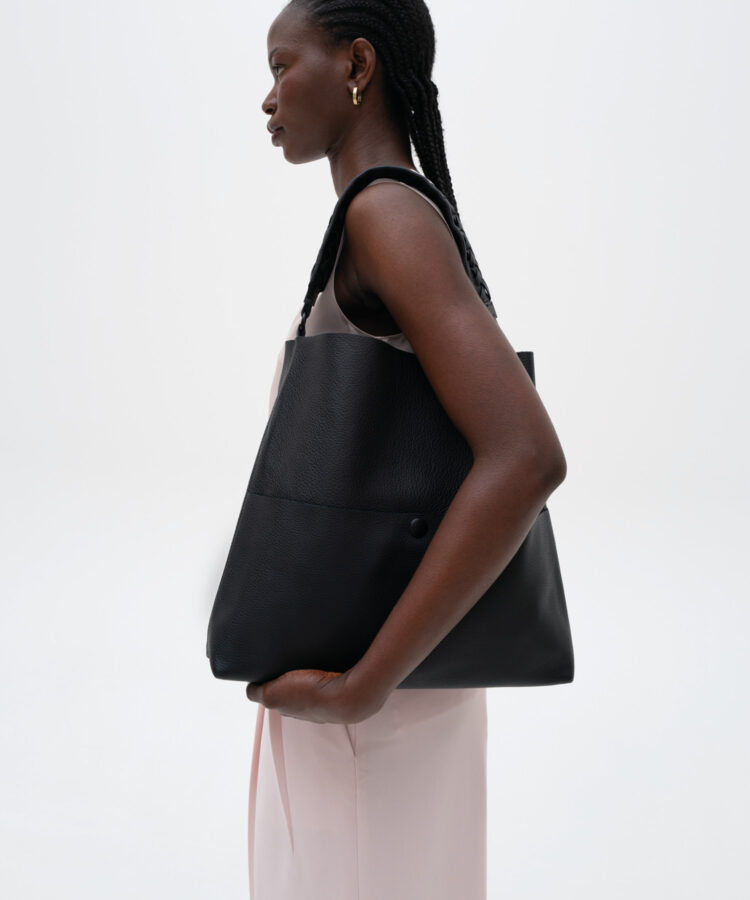 Slim M Stitch Tote in Black Grained Leather