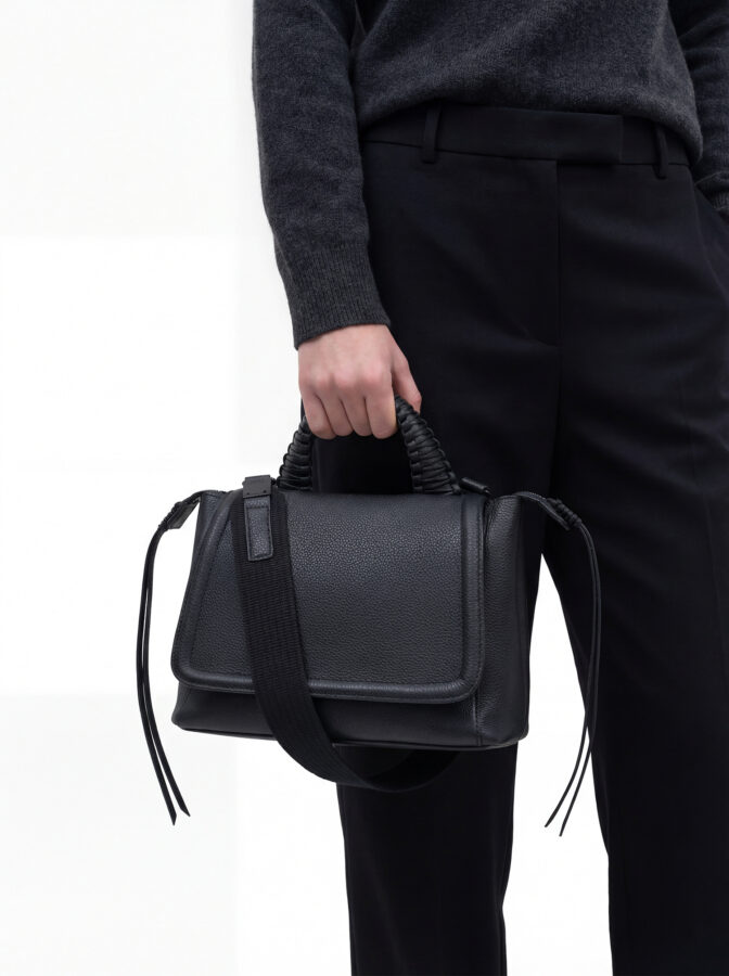 Medium Top Handle Bag in Black Grained Leather