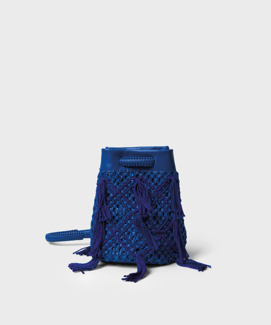 Pouch Bag in Blue Tassel Raffia
