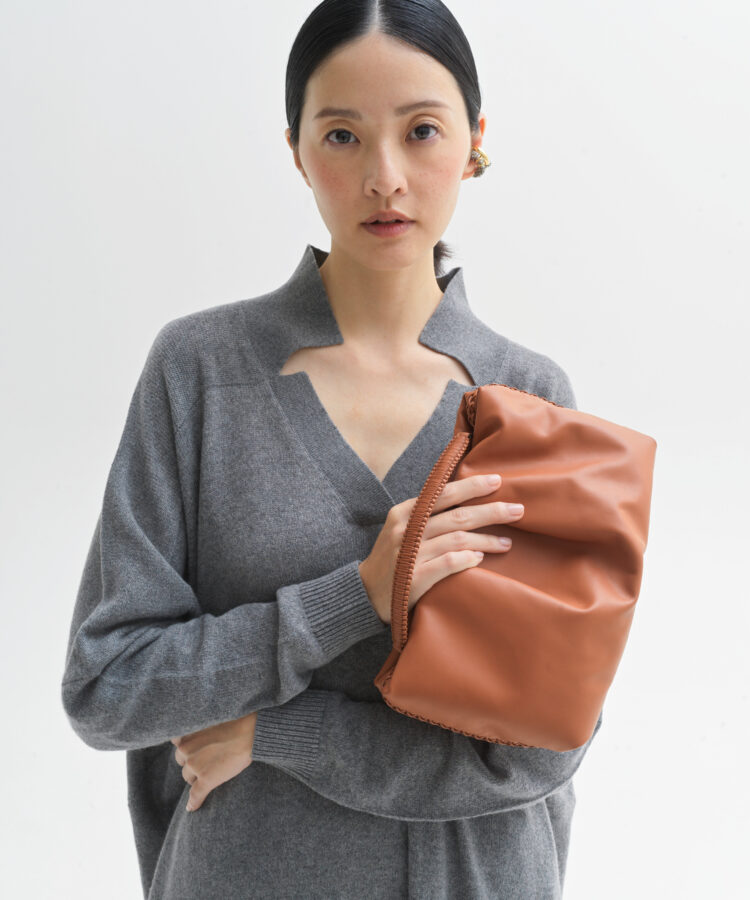 Pleated Clutch in Caramel Smooth Leather