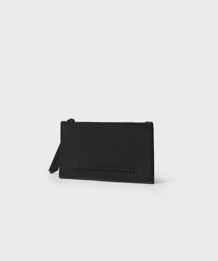 Long Zipped Card Holder in Black Grained Leather