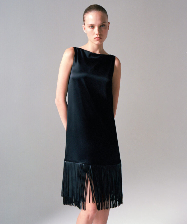 Midi Fringe Dress in Black Satin - Callista