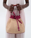 Bucket Bag in Pink Leather & Straw