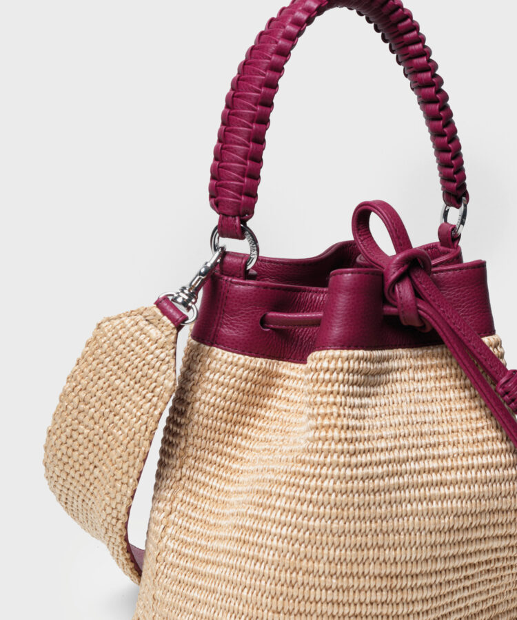 Bucket Bag in Pink Leather & Straw
