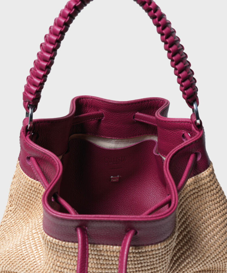 Bucket Bag in Pink Leather & Straw