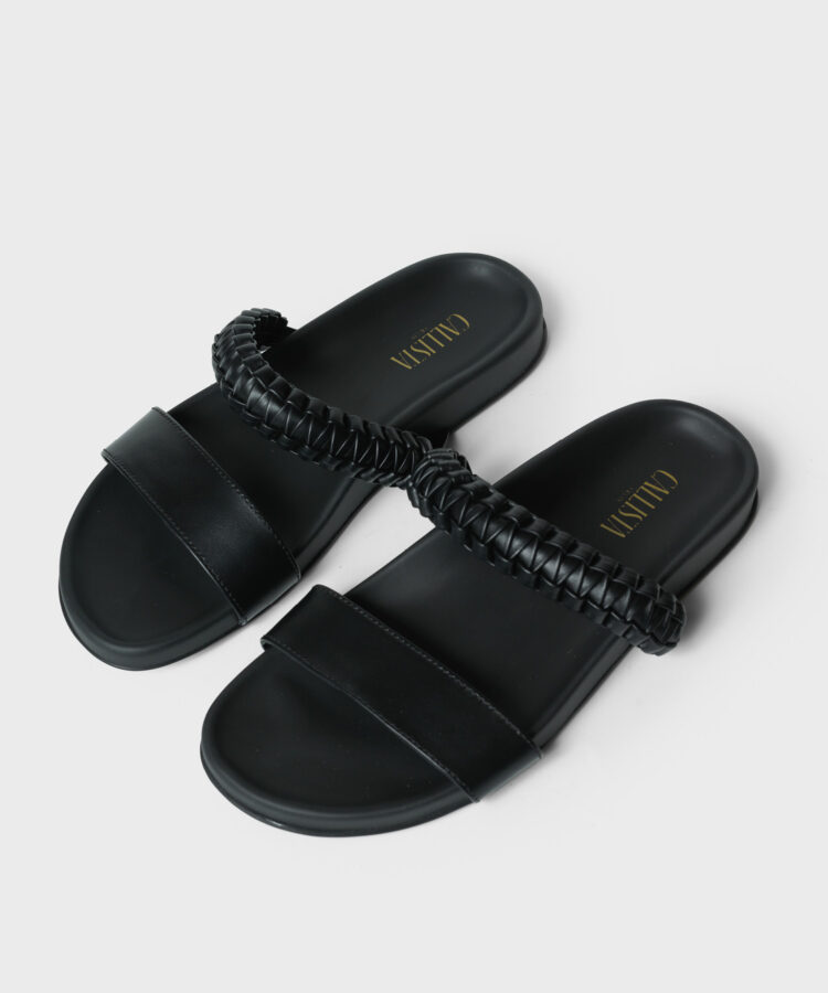 Macrame Leo Slides in Black Leather