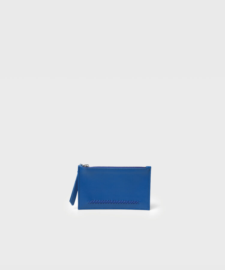 Long Zipped Card Holder in Blue Grained Leather