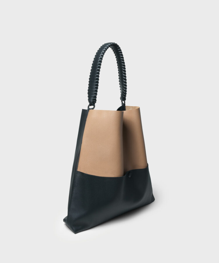 Duo Slim Tote in Black/ Camel Grained Leather