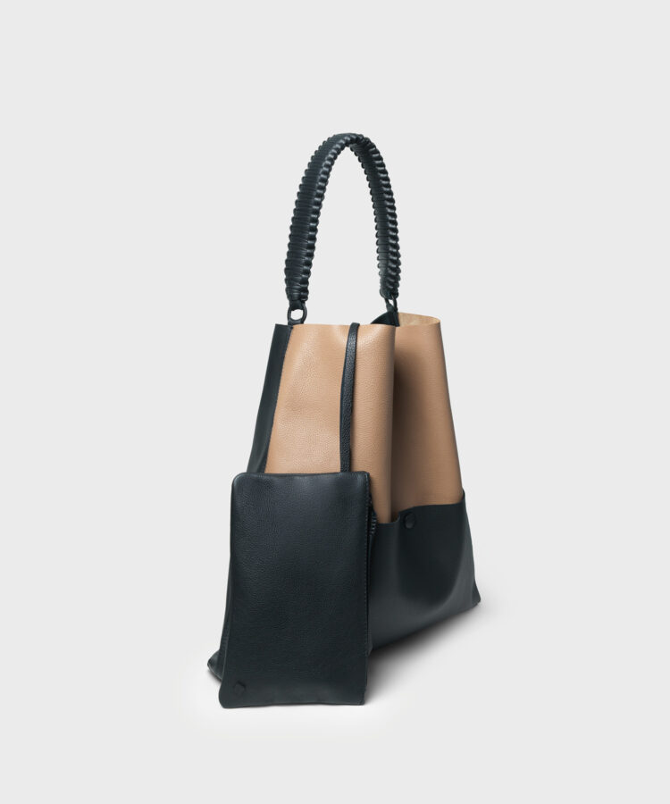 Duo Slim Tote in Black/ Camel Grained Leather