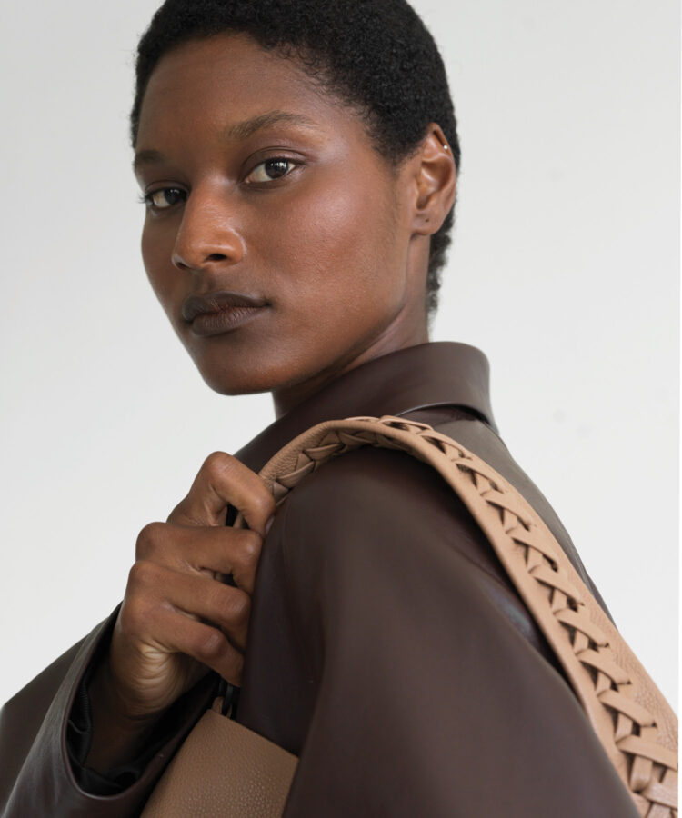Slim M Stitch Tote in Camel Grained Leather