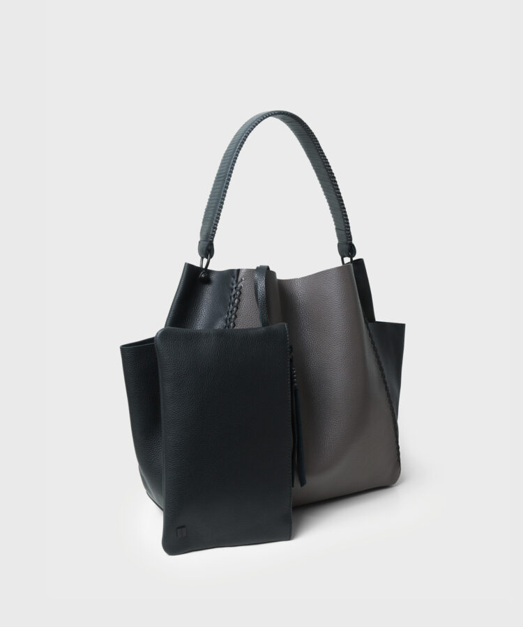 Duo Shoulder Bag in Black/ Grey Grained Leather