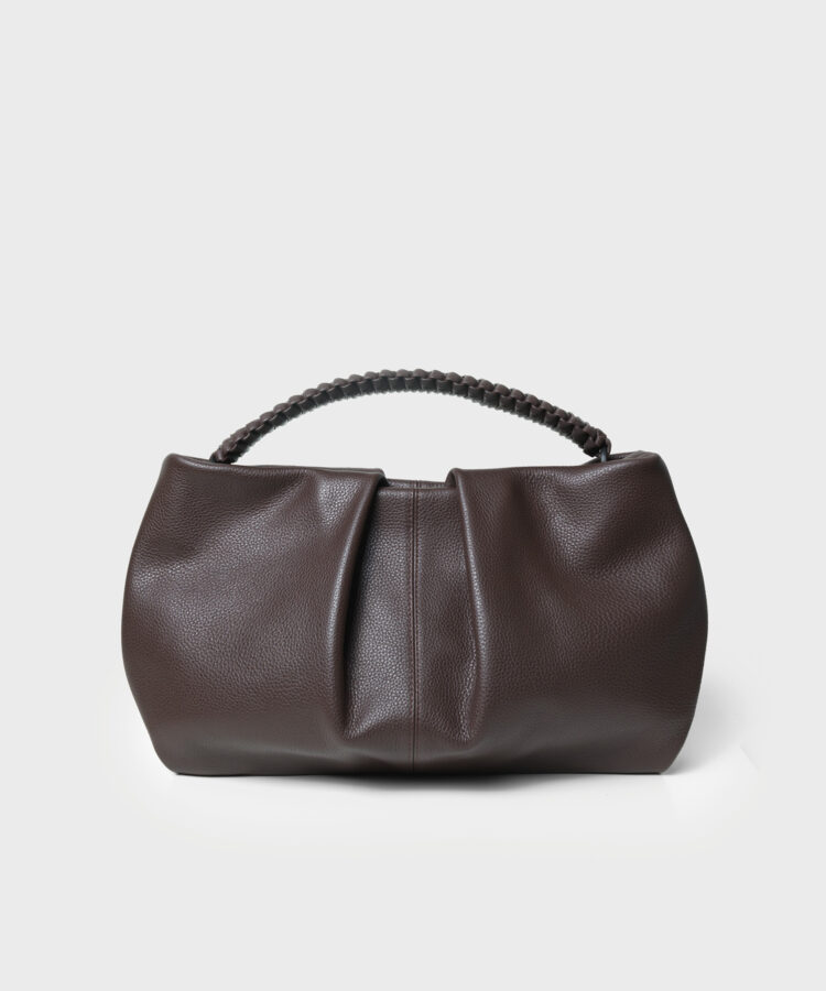Maxi Pleated Clutch in Cocoa Grained Leather