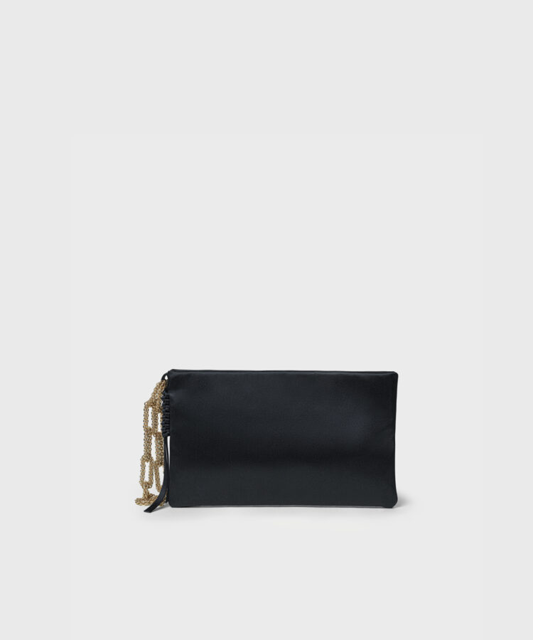 Myra Clutch with Chain in Black Satin