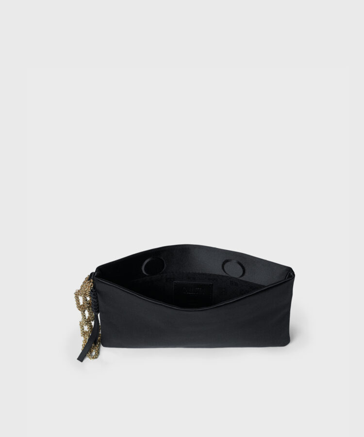 Myra Clutch with Chain in Black Satin