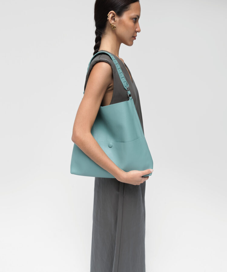 Slim M Stitch Tote in Sky Grained Leather
