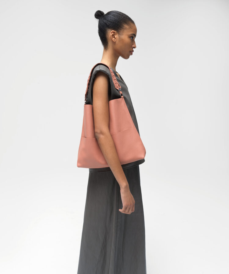 Slim M Stitch Tote in Peach Grained Leather