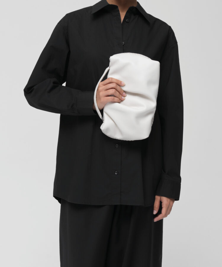 Pleated Clutch in White Smooth Leather