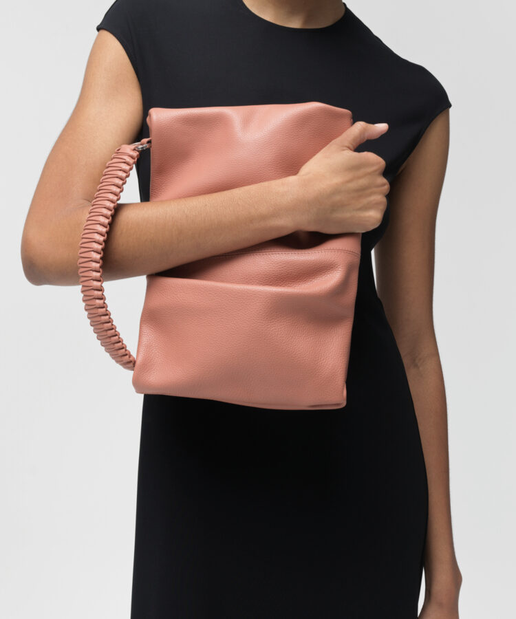 Maxi Pleated Clutch in Peach Grained Leather