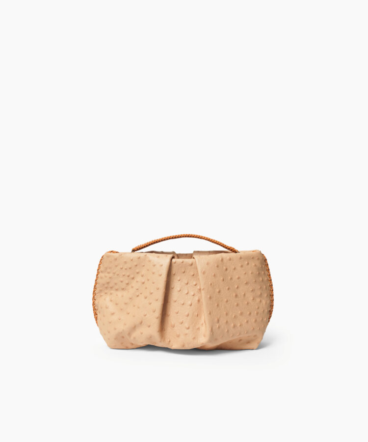 Pleated Clutch in Almond Ostrich-Effect Leather