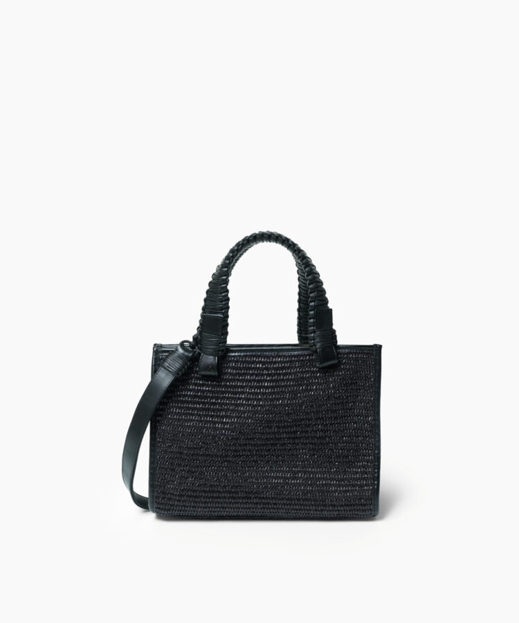 Mini Tote in Black Leather & Straw