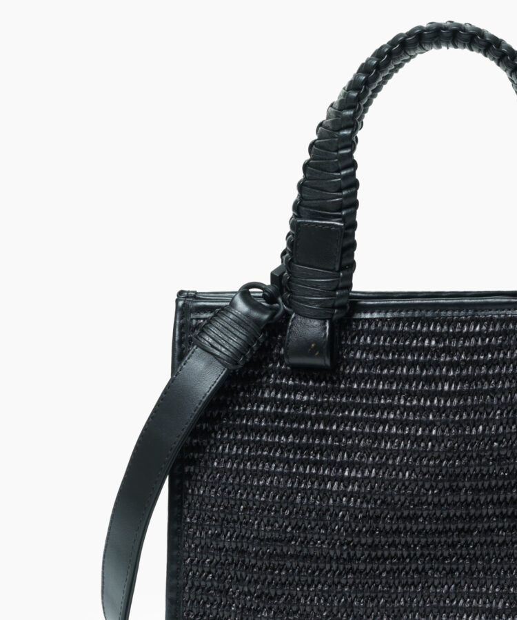 Mini Tote in Black Leather & Straw