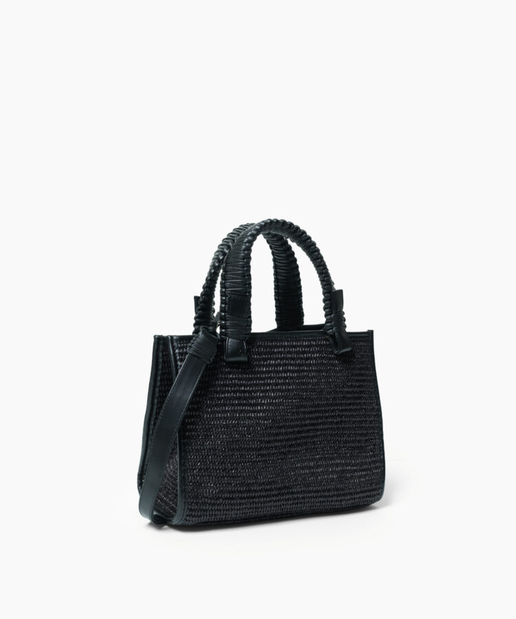 Mini Tote in Black Leather & Straw
