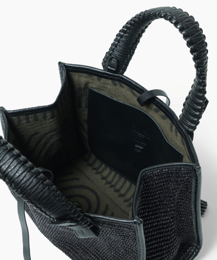 Mini Tote in Black Leather & Straw