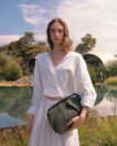 Maxi Pleated Clutch in Pine Leather & Straw