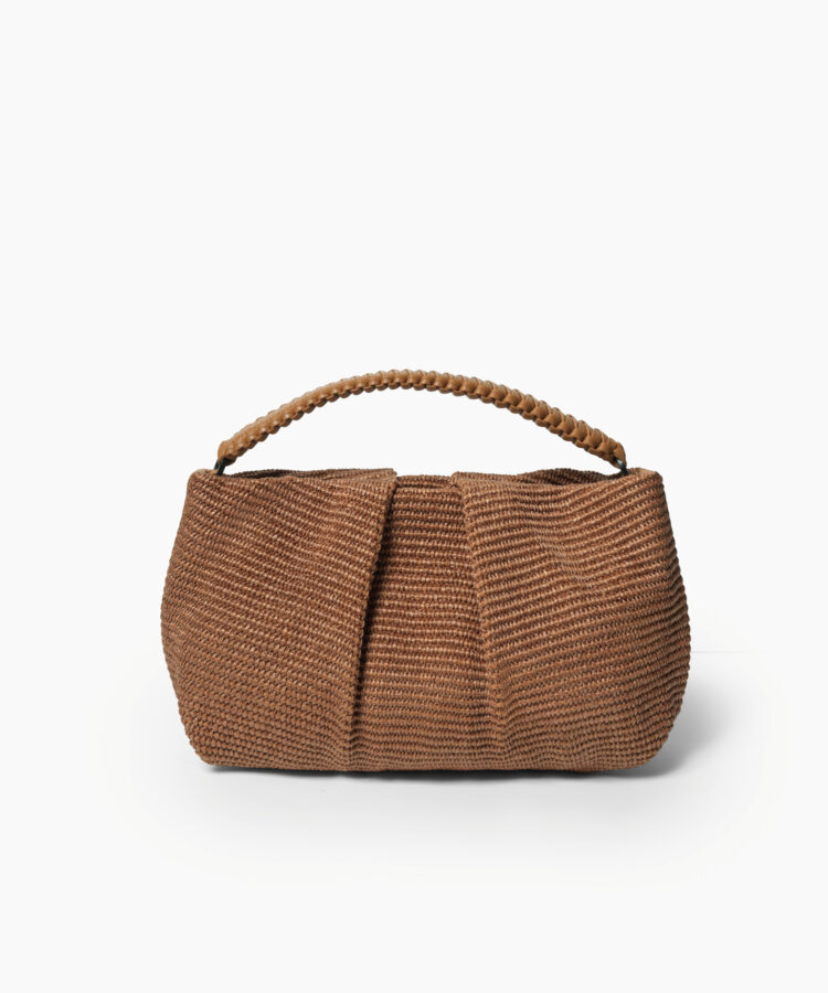 Maxi Pleated Clutch in Caramel Leather & Straw