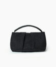 Maxi Pleated Clutch in Black Leather & Straw