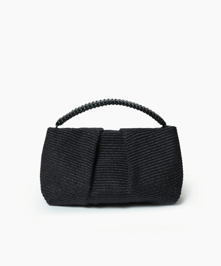 Maxi Pleated Clutch in Black Leather & Straw