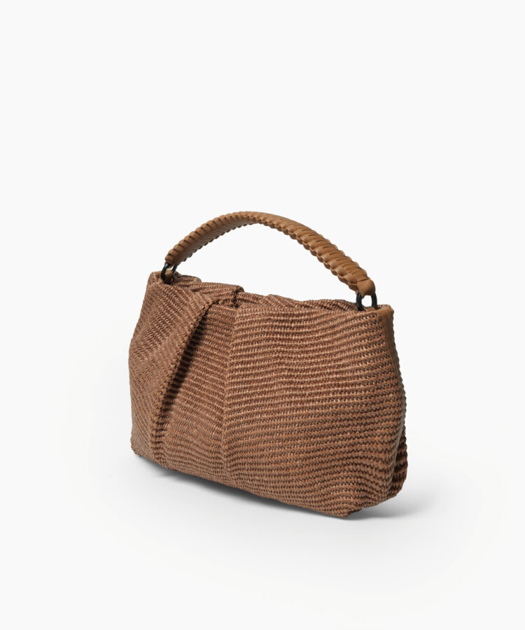 Maxi Pleated Clutch in Caramel Leather & Straw