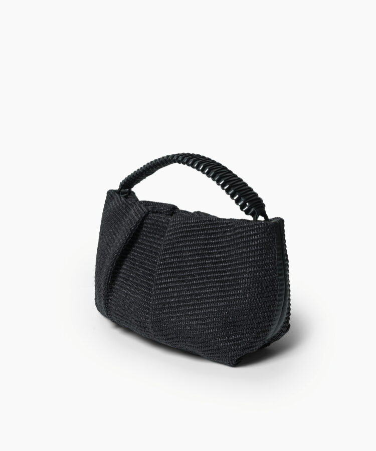 Maxi Pleated Clutch in Black Leather & Straw