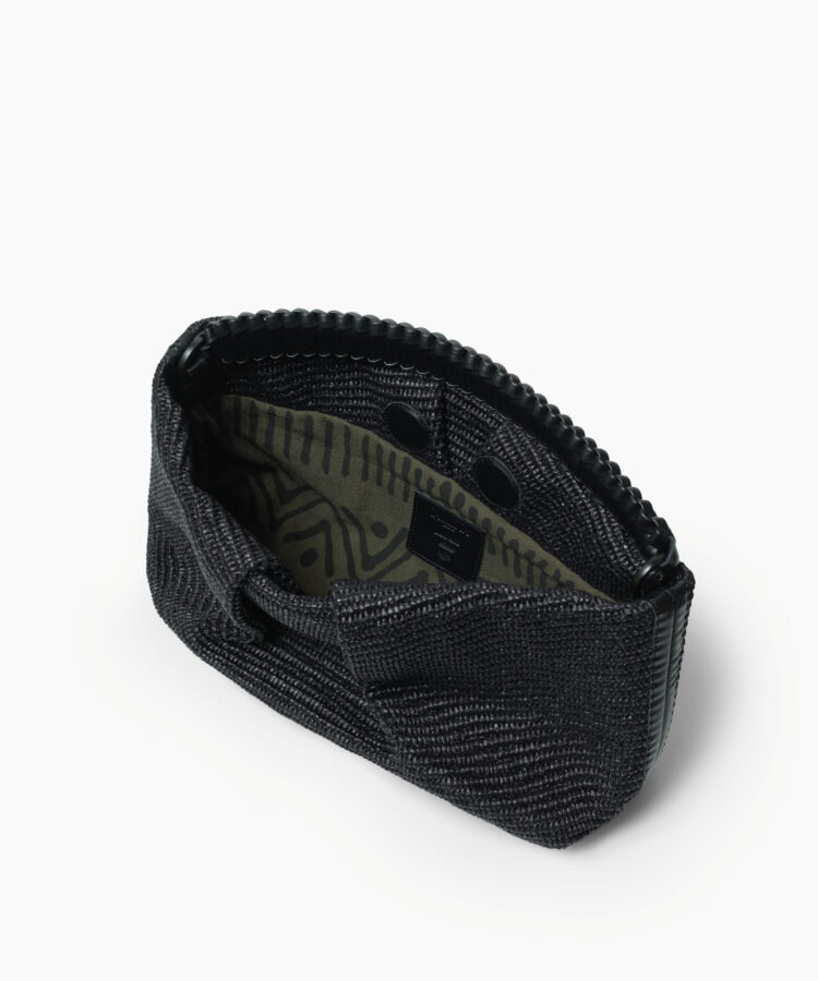Maxi Pleated Clutch in Black Leather & Straw